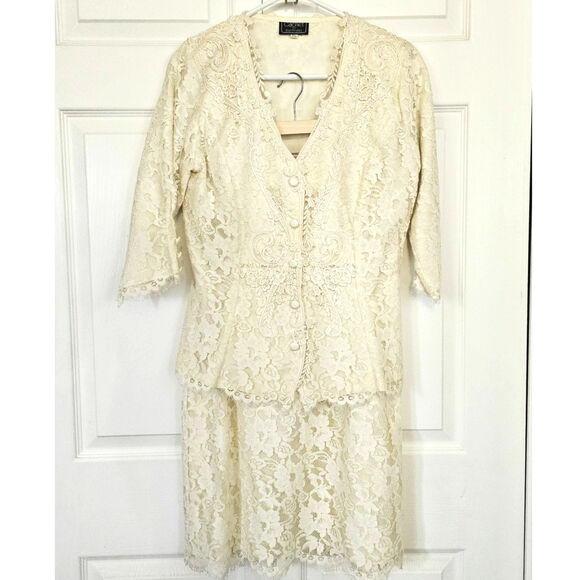 Cachet by Bari Protas Vintage Wedding Suit 9/10 Lace Jacket Skirt Ivory Classic - Picture 1 of 16